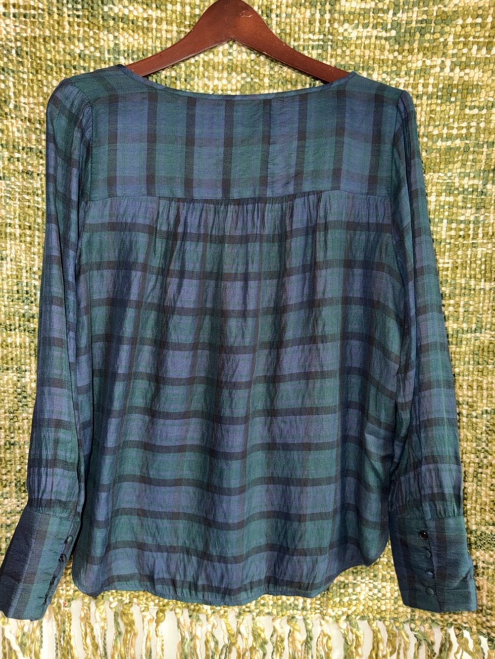 LOFT Blue and Green Plaid Lightweight Long-Sleeve Blouse size M - Picture 2 of 6
